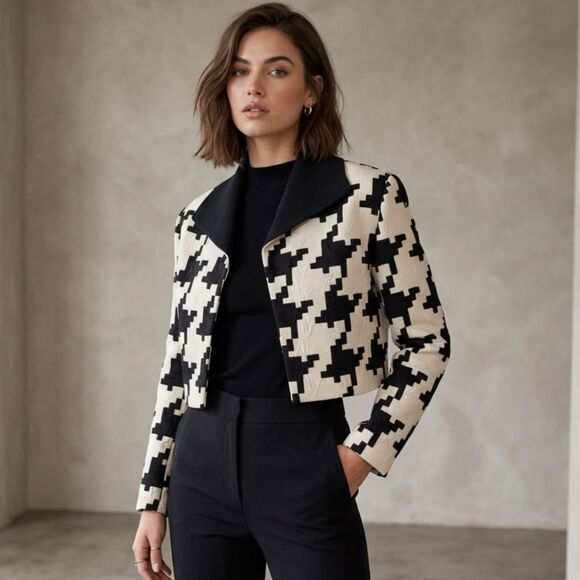 Genny Jackets & Blazers - Vintage Genny Jacket Wool Silk Crop Houndstooth Italy Black Blazer Women US 12